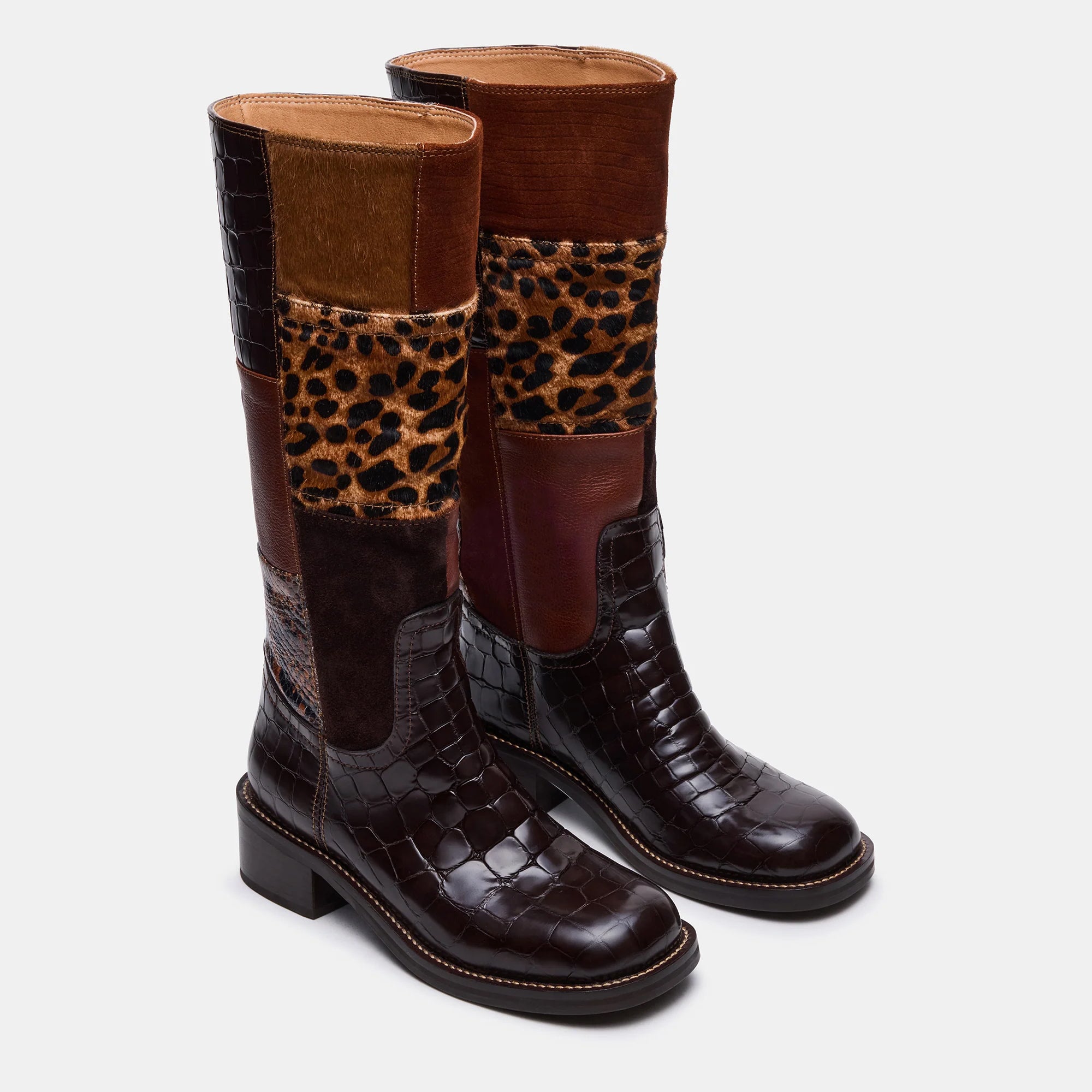 Tuhoomall Stylish Mid-Calf Boots for Parties and Evenings, Round Toe, Low Chunky Heel, Chic Patchwork Design with Snake, Crocodile, Leopard Print