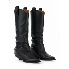 Tuhoomall Comfortable Mid Calf Boots with Chunky Heel, Slip-On Design, Ruched Pattern for Casual Style