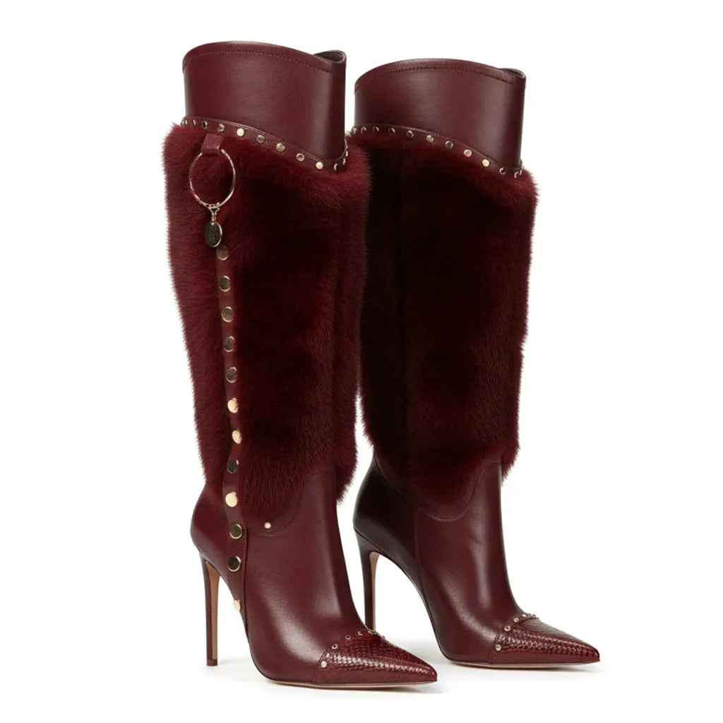 Tuhoomall Heel Fashion Boots for Women, Elegant Pointed Toe High Heels with Studs and Faux Fur, Ideal for Parties and Performances Tuhoomall