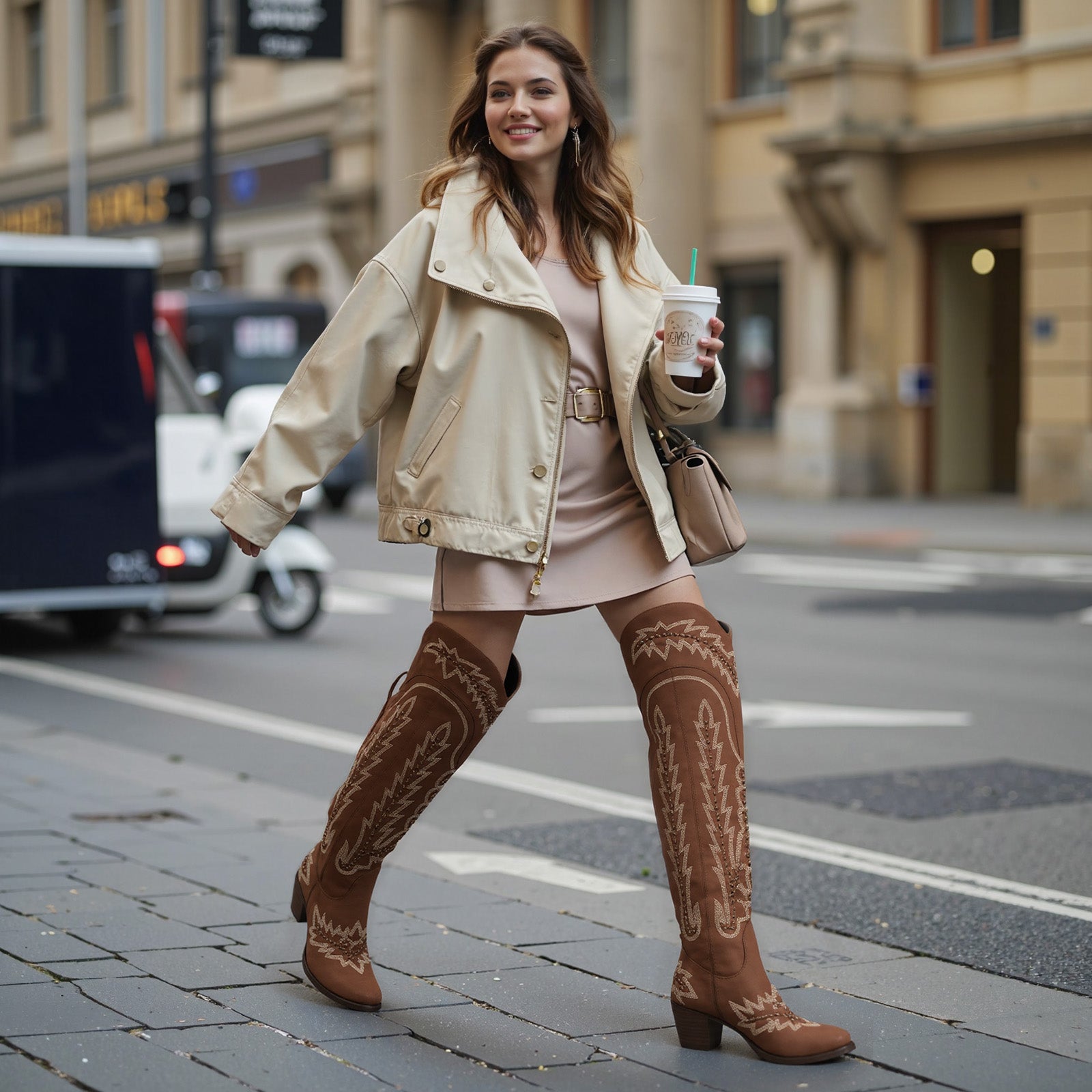 Tuhoomall Western Cowgirl Knee-High Boots with Embroidery & Studs, Chunky Heel, Zipper Closure, Casual Style, Snip Toe Design, Pre-Sale