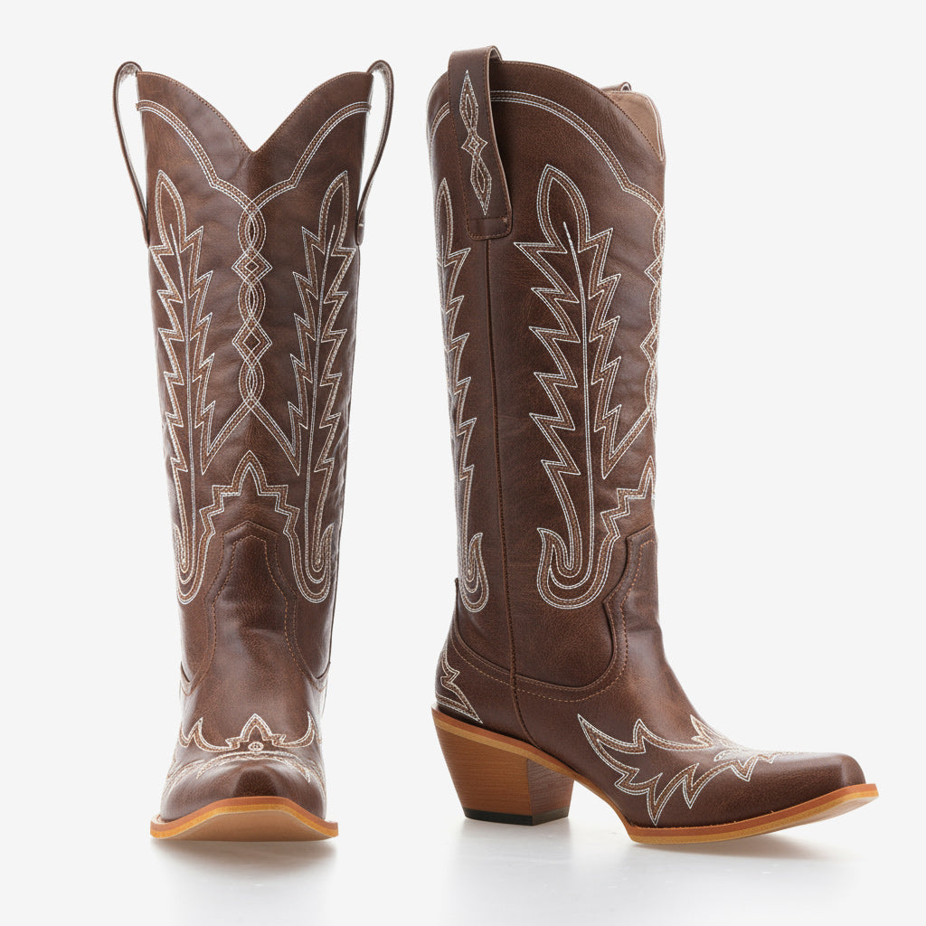 Tuhoomall Embroidered Mid-Calf Ankle Boots for Women | Stylish 5cm Block Heels, Slip-On Design for Parties and Casual Wear Tuhoomall