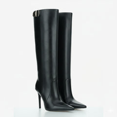 Tuhoomall Knee-High Stiletto Boots for Women - Comfortable PU Leather, Stylish Pointed Toe, Chic Metallic Accents