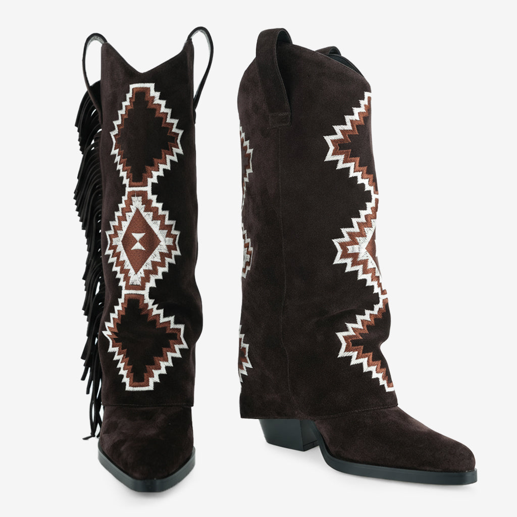 Tuhoomall Western Style Mid-Calf Booties with Colorful Geometric Patterns and Floral Embroidery - Perfect for Bohemian Chic Casual Outfits