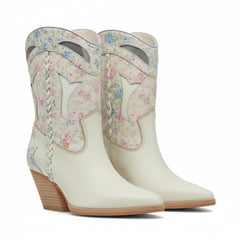 Tuhoomall Floral Ankle Cowboy Boots for Women, Low Chunky Heel 2.75 in, Elegant Vegan Leather, Perfect for Casual and Formal Occasions