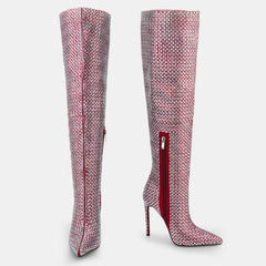 Tuhoomall Over-The-Knee Party Boots with Polka Dot Rhinestones, 12cm Stiletto Heels for Fashionable Evening Wear