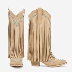 Tuhoomall Western Style Mid-Calf Boots with Fringe and Stone Embellishments, Comfortable Block Heels for Parties and Casual Outings