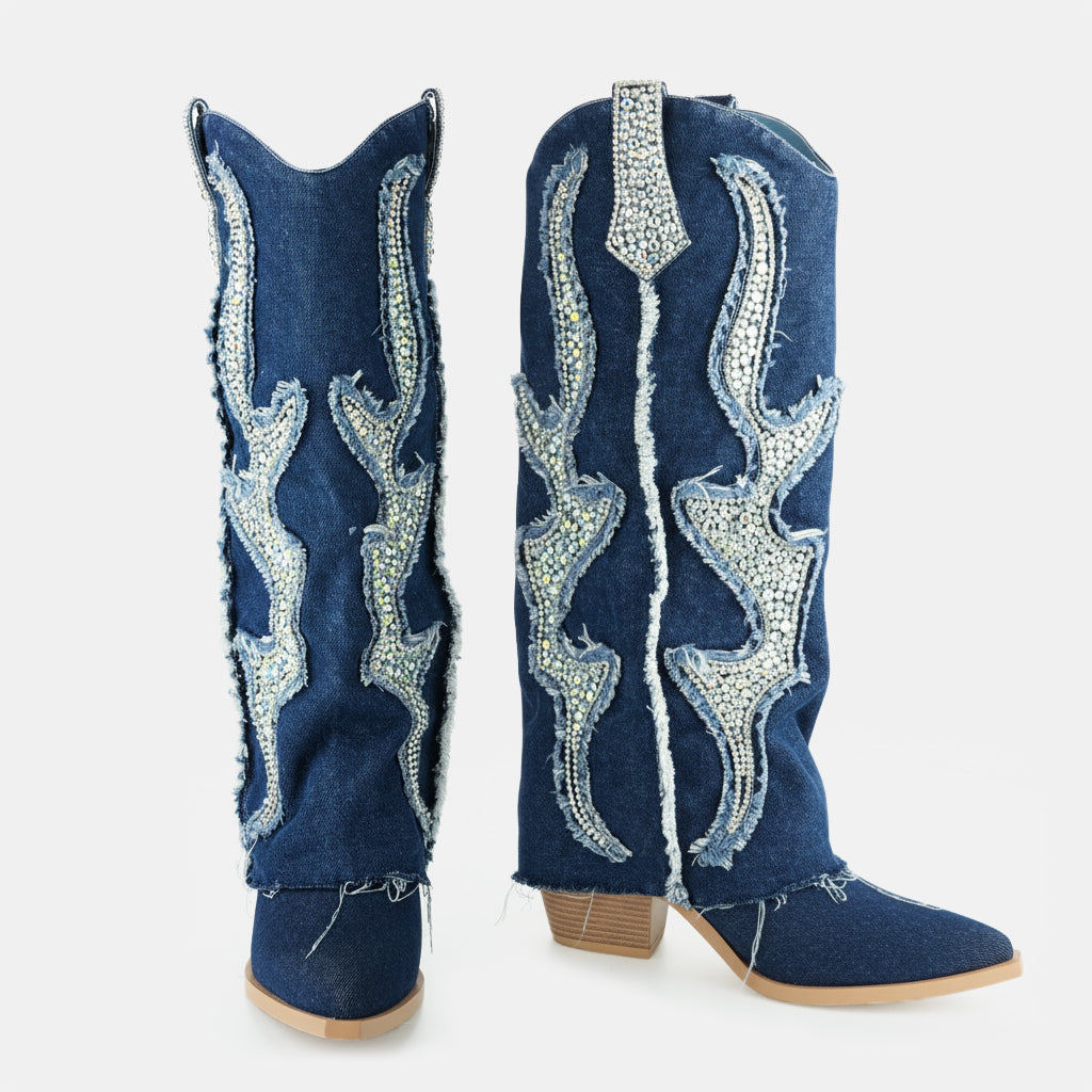 Tuhoomall Western Cowboy Boots for Women - Comfortable Rhinestone Foldable Design for Casual, Outdoor, or Party Wear