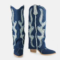 Tuhoomall Western Cowboy Boots for Women - Comfortable Rhinestone Foldable Design for Casual, Outdoor, or Party Wear