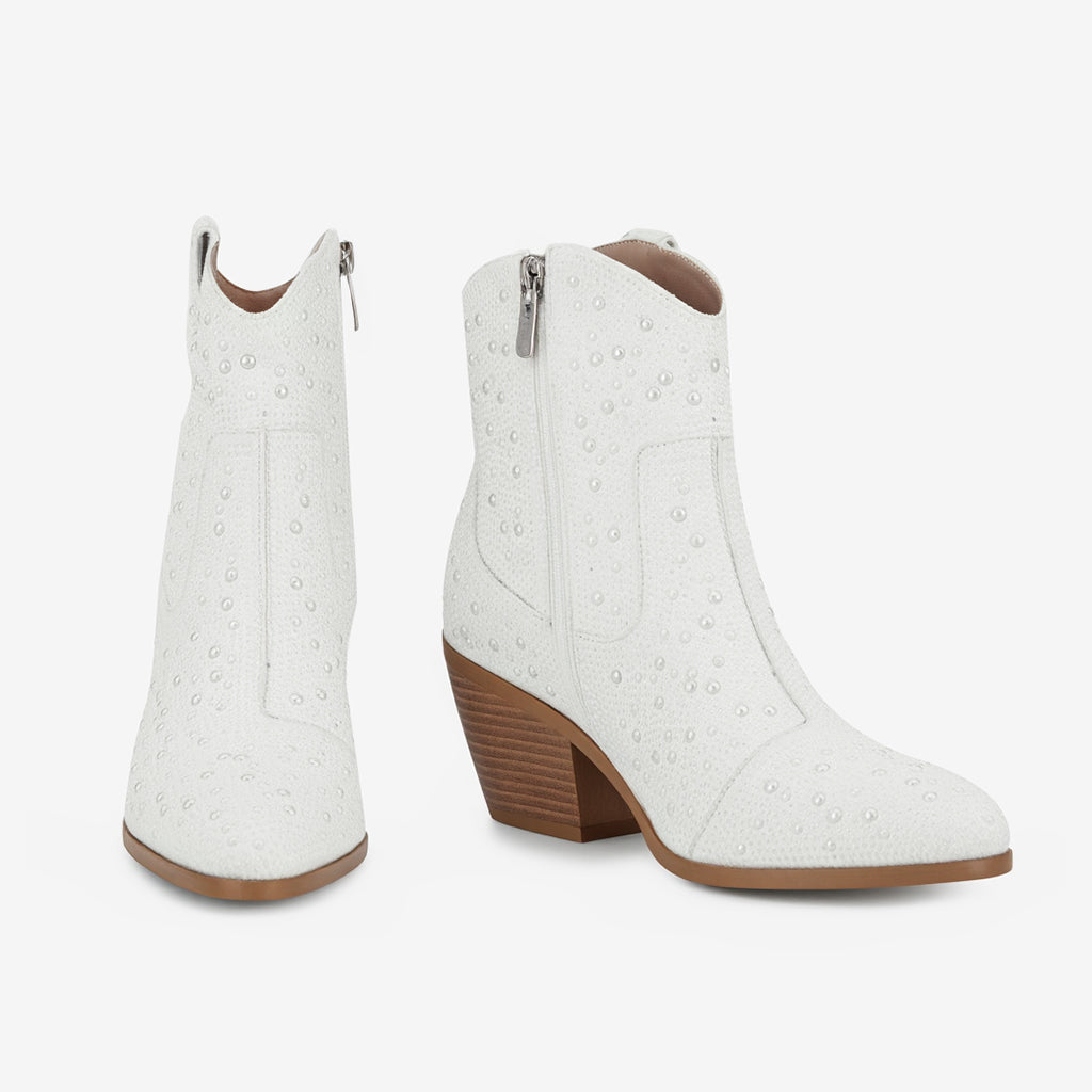 Tuhoomall Western LOW Heel Ankle Boots, Zipper Closure, Chic Rhinestone Detail, Solid Color, Perfect for Parties and All-Season Fashion