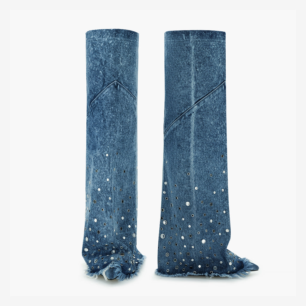 Tuhoomall Over-The-Knee Boots with Fringe and Studs for Party and Performance, Vintage Style, Slip-On Wedge Heel