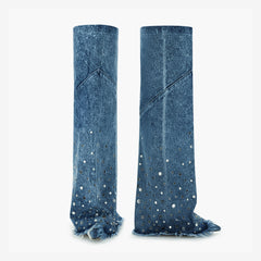 Tuhoomall Over-The-Knee Boots with Fringe and Studs for Party and Performance, Vintage Style, Slip-On Wedge Heel