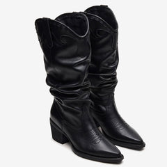 Tuhoomall Western Cowboy Boots For Women, Stylish Wrinkled Mid-Calf Design, Comfortable Slip-On Style, Embroidered Detailing