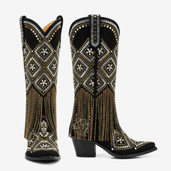 Tuhoomall Western Style Knee High Boots for Special Occasions with Floral, Fringe, and Rhinestone Details – Chic and Stylish Footwear for All Seasons