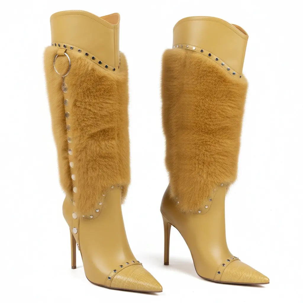 Tuhoomall Heel Fashion Boots for Women, Elegant Pointed Toe High Heels with Studs and Faux Fur, Ideal for Parties and Performances Tuhoomall