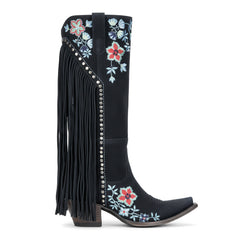 Tuhoomall Western Cowboy Boots for Women, Floral Embroidered Mid-Calf Chunky Heel, Trendy Fringe Detail, Perfect for Casual Outings and Performances