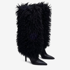 Tuhoomall Knee High Chunky Heeled Boots, Animal Cruelty Free, Elegant Party and Runway Style, Solid Faux Fur Design