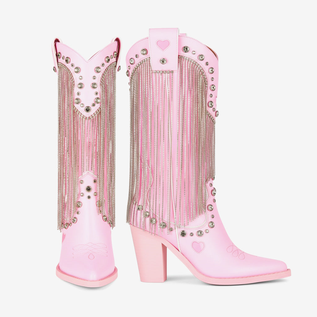 Tuhoomall Chunky Heel Western Rhinestone Booties with Fringes for Fashion Events, Pointed Toe, Slip-On Style, All-Day Comfort, Eye-Catching Design