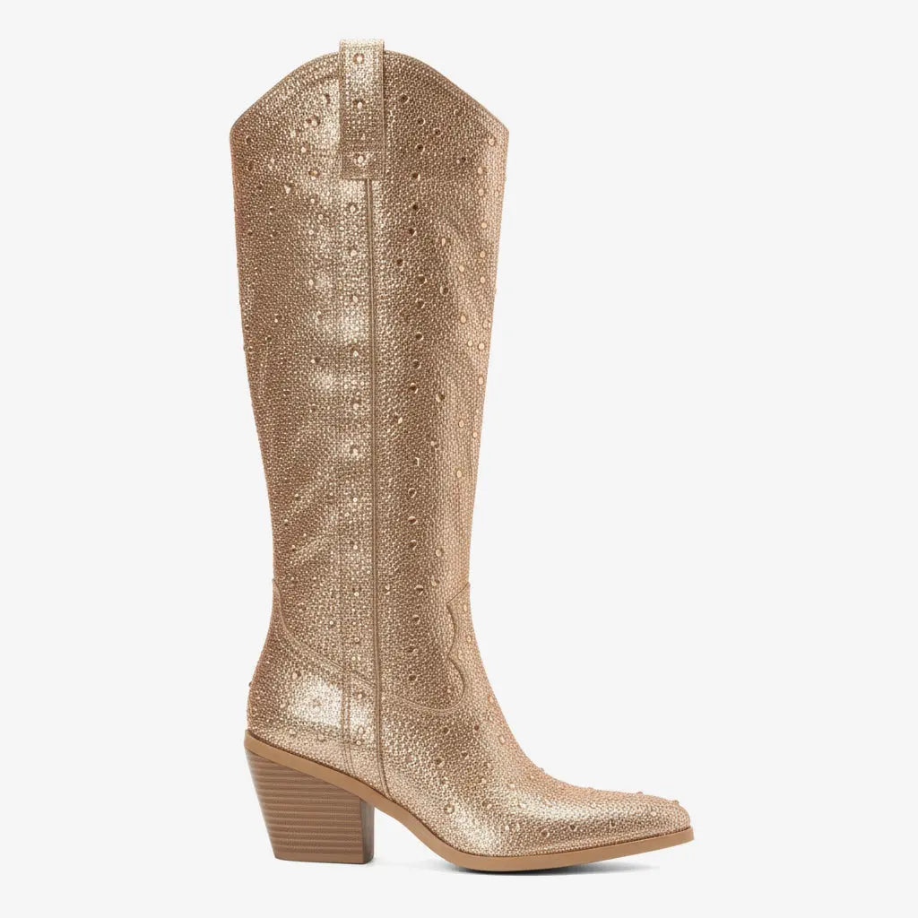 Tuhoomall Rhinestone Western Mid Calf Boots For Women - Chunky Heel & Easy Zip Closure, Stylish For Travel And Weddings Tuhoomall