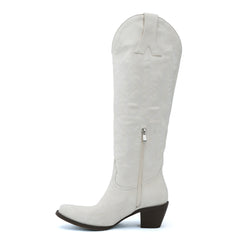 Tuhoomall Western Knee-High Cowgirl Boots with Embroidery, Chunky Heel, Slip-On Design for Outdoor Adventures