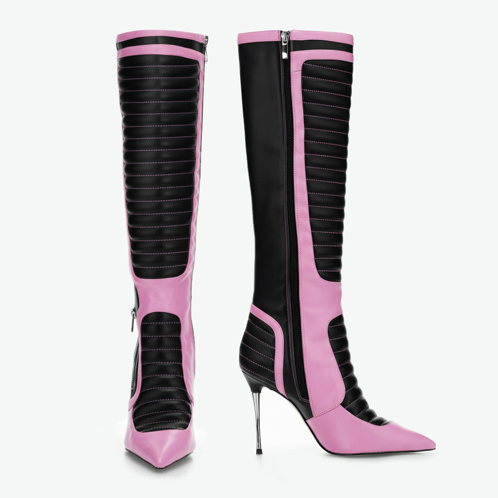 Tuhoomall Knee High Party Boots with Pointed Toe, 10cm Stiletto Heels, Stylish Striped Pattern, Perfect for Fashionable Events