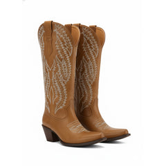 Tuhoomall Western Cowgirl Mid Calf Boots With Embroidery, Casual Pointed-Toe Chunky Heel Design, Stylish Daily Footwear
