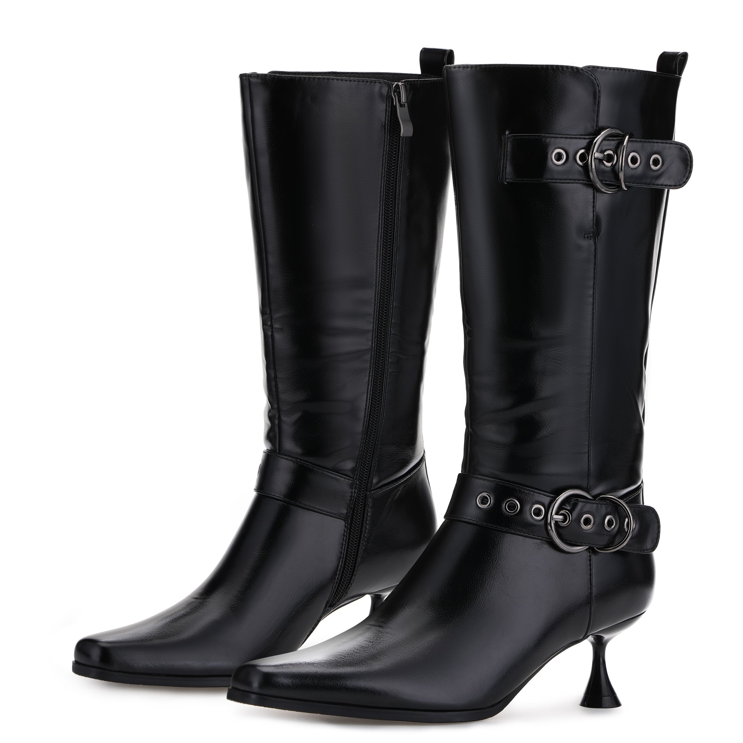 Tuhoomall Stylish Low-Cut Ankle Boots for Parties and Runway Shows, Adjustable Buckle, 5cm Kitten Heel, Solid Color with Metallic Accents, All-Season Comfort