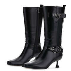 Tuhoomall Stylish Low-Cut Ankle Boots for Parties and Runway Shows, Adjustable Buckle, 5cm Kitten Heel, Solid Color with Metallic Accents, All-Season Comfort