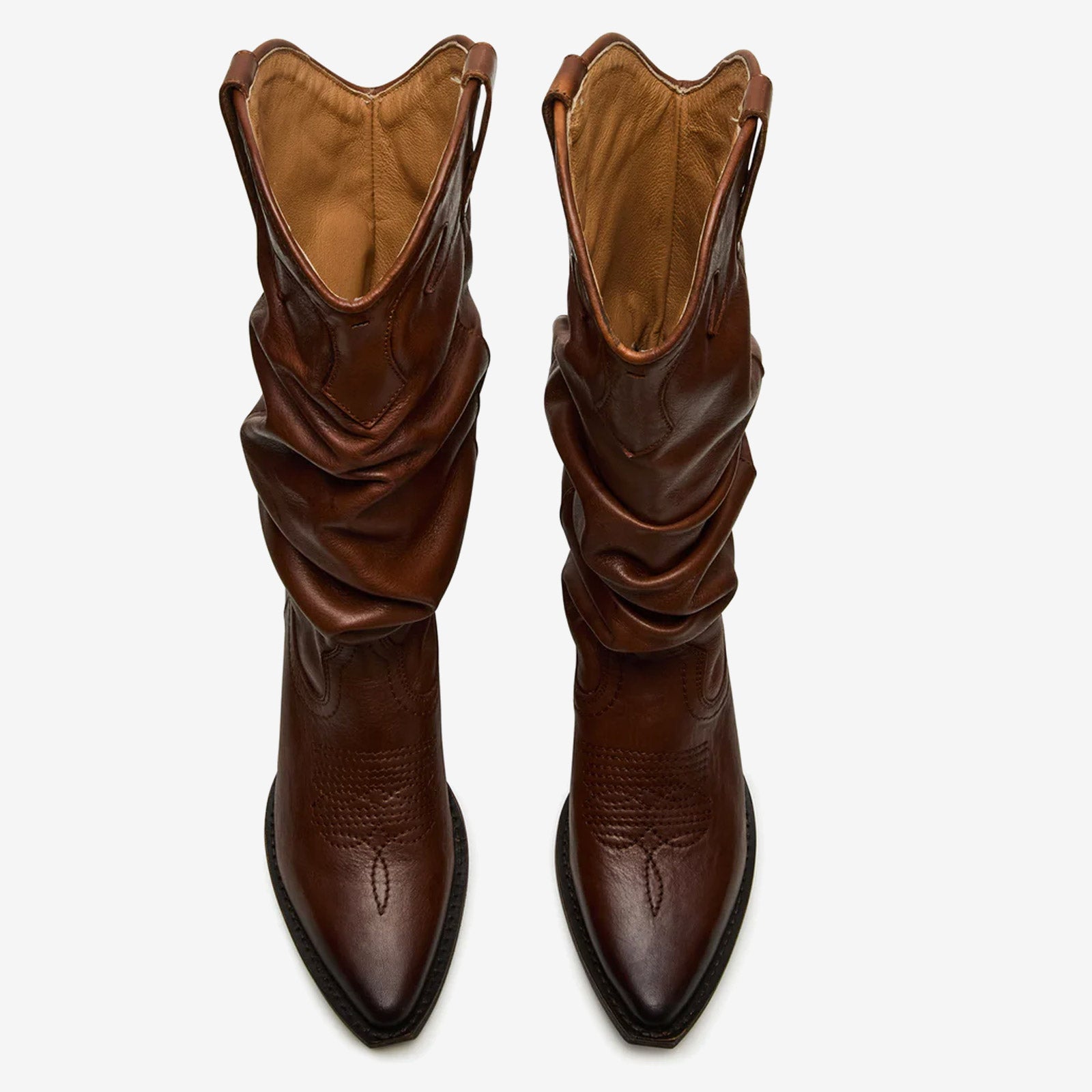 Tuhoomall Western Cowboy Boots For Women, Stylish Wrinkled Mid-Calf Design, Comfortable Slip-On Style, Embroidered Detailing