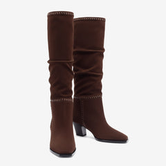 Tuhoomall Fashionable Ruched Knee-High Boots for Women, Chunky Mid-Heel, Casual Chic Style, Versatile All-Season Comfort