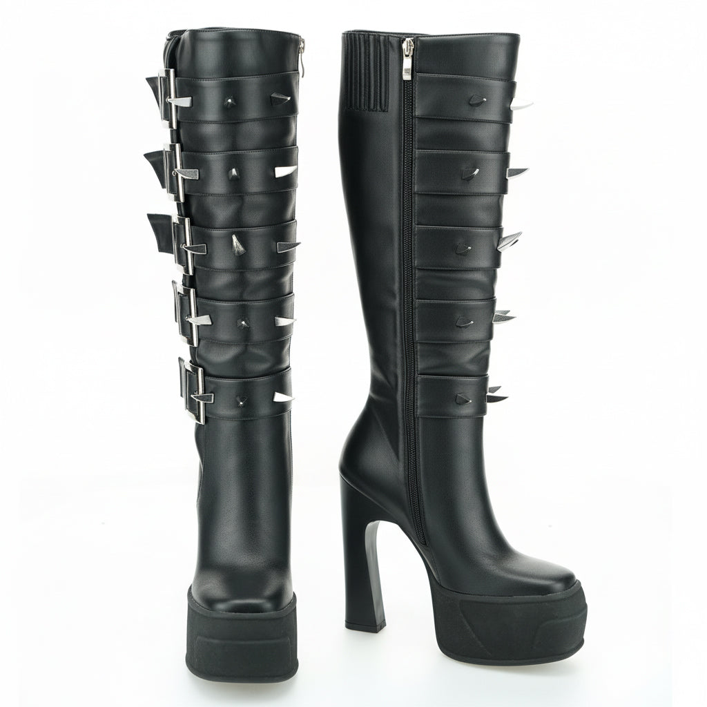 Tuhoomall Knee High Gladiator Style Thick Sole Party Boots with Adjustable Buckle and Studded Zipper for Fashionable Casual Events