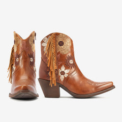 Tuhoomall Western Cowboy Ankle Boots for Women, Fashionable Floral Embroidered Short Booties, Casual Spring Autumn Winter Wear