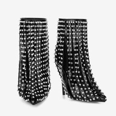 Tuhoomall Ankle Boots with Fringe and Rhinestones for Party Performance, Stylish High Heel, Polka Dot Design, All-Season Wear