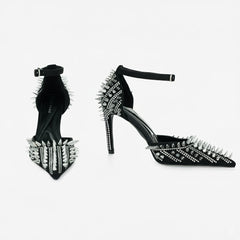 Tuhoomall High Heel Sandals for Performance and Parties, Pointed Toe, Adjustable Buckle, Sparkling Rhinestones, Summer Fashion
