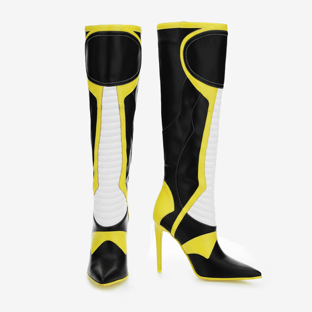 Tuhoomall Knee High Boots, Comfortable Stiletto Heels, Slip-Resistant Design, Stylish Striped Patchwork for Parties and Performances