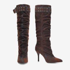 Tuhoomall Style Knee High Boots with Pointed Toe, 9cm Stiletto Heel, Perfect for Parties and Performances, Vintage and Stylish Design