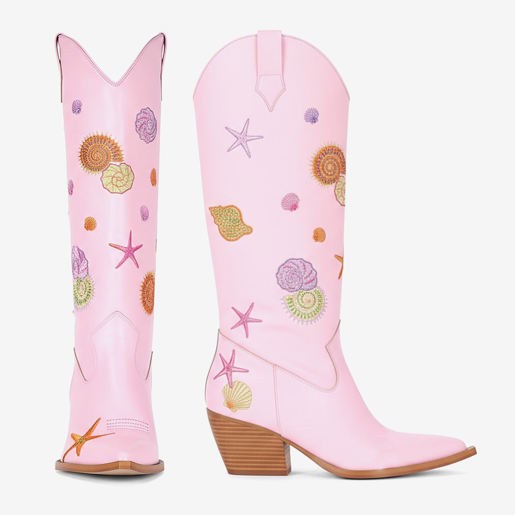 Tuhoomall Western Style Knee High Boots for Parties and Performances with Comfort and Embroidered Animal Patterns