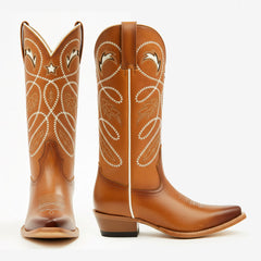 Tuhoomall Western Cowboy Boots for Women, Stylish Rough Heel, Star Embroidery, Easy Slip-On, Casual Fashion All Seasons