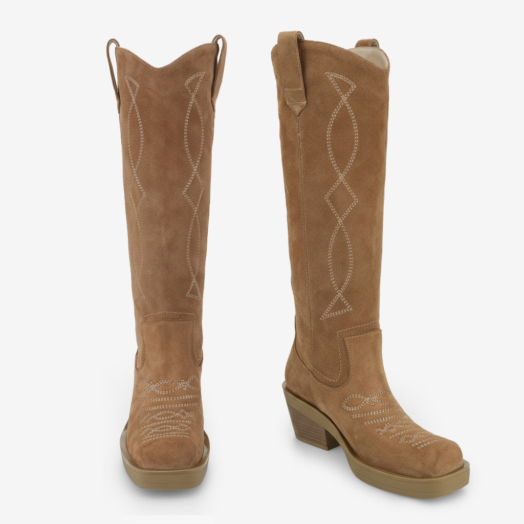 Tuhoomall Western Style Knee-High Cowboy Boots for Women, Casual Vintage Square Toe Chunky Heel, Embroidered Faux Suede, Spring Autumn Winter
