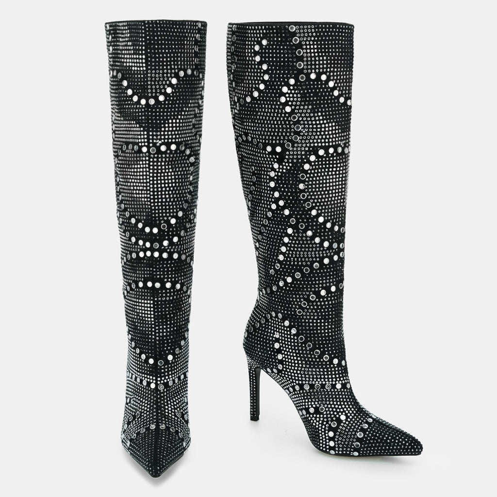 Tuhoomall Western Style Knee-High Glittering Stiletto Boots for Parties and Performances with Rhinestones and Geometric Patterns