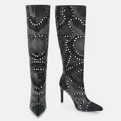 Tuhoomall Western Style Knee-High Glittering Stiletto Boots for Parties and Performances with Rhinestones and Geometric Patterns