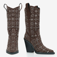 Tuhoomall Western Floral Embellished Mid-Calf Boots for Women, Comfortable Chunky Heel, Perfect for Bohemian Parties and Performances