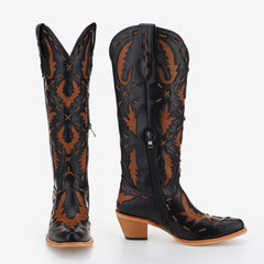 Tuhoomall Western Knee-High Cowboy Boots With Chunky Heel, Stylish Suede , Chic Patchwork Design For Comfort In Casual Outfits