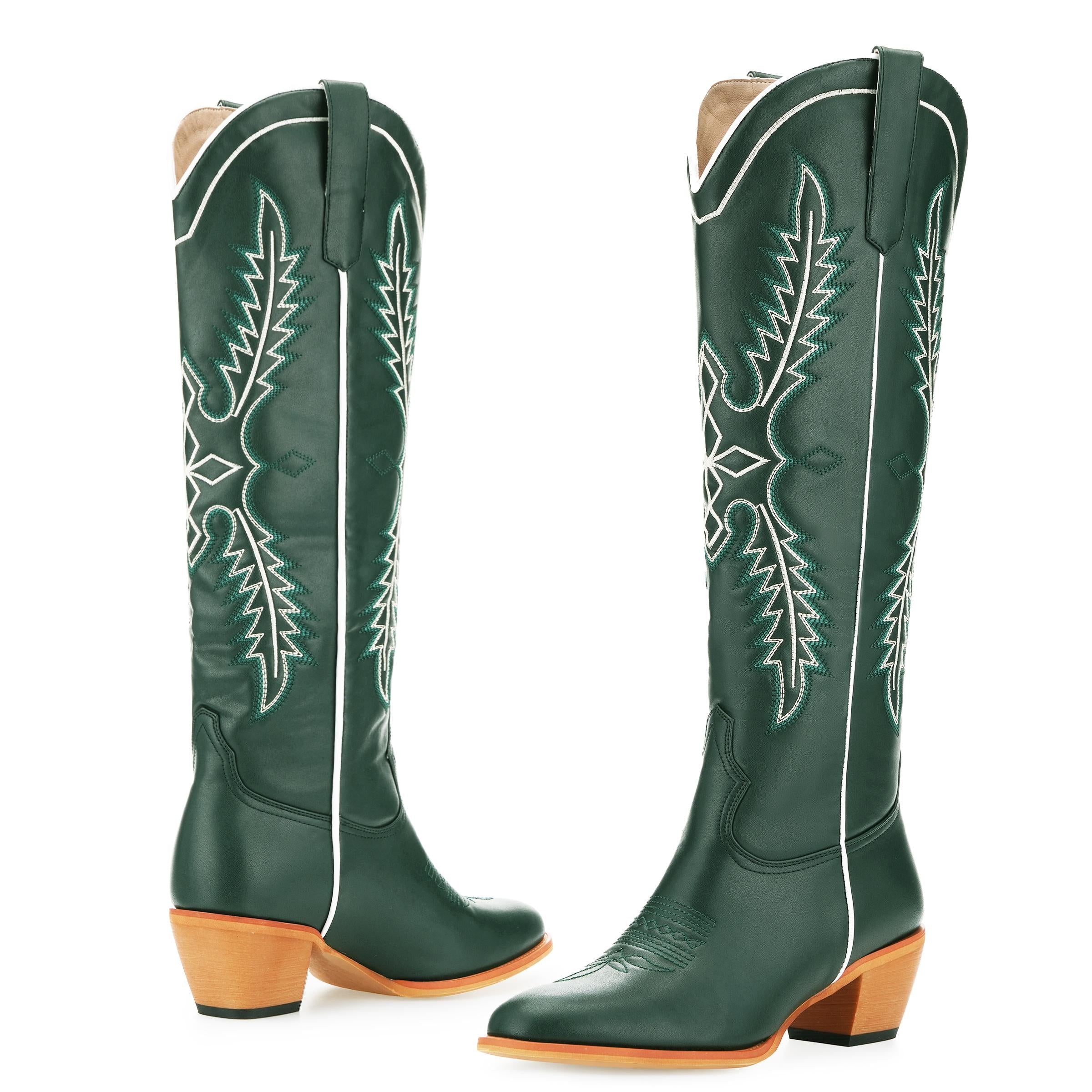 Tuhoomall Dark Green Embroidered Western Knee High Boots for Wide Calf with Chunky Heel