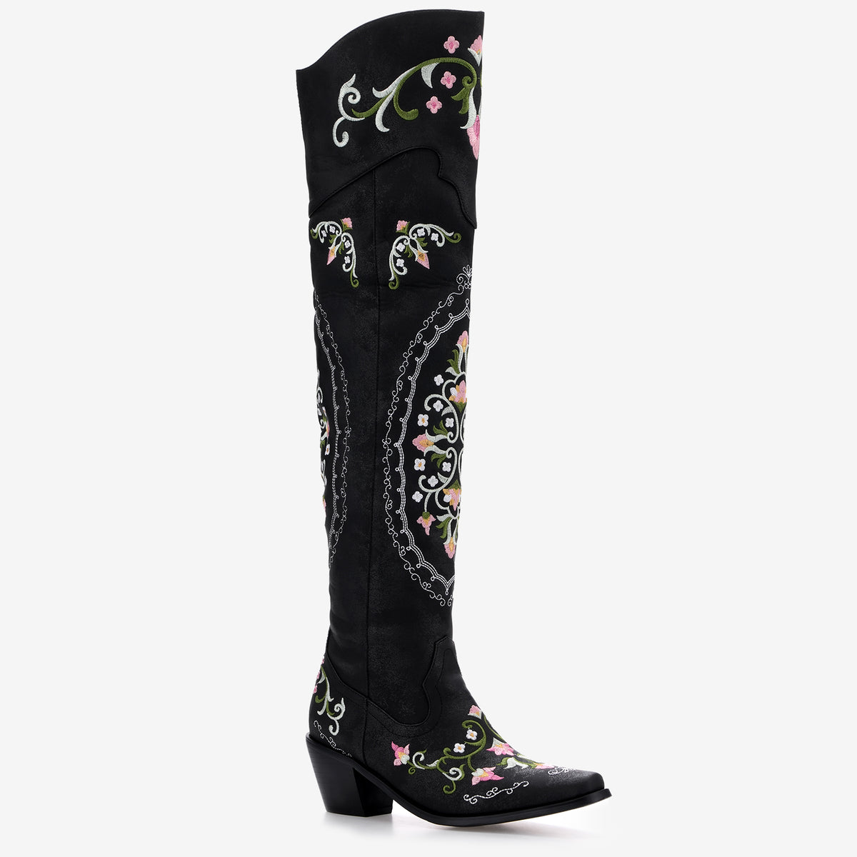 Tuhoomall Western Cowgirl Over-the-Knee Boots With Chunky Heel, Embroidered Floral Design, Comfortable Slip-On Style For Fashionable Outdoor Adventures