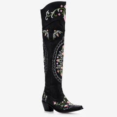 Tuhoomall Western Cowgirl Over-the-Knee Boots With Chunky Heel, Embroidered Floral Design, Comfortable Slip-On Style For Fashionable Outdoor Adventures