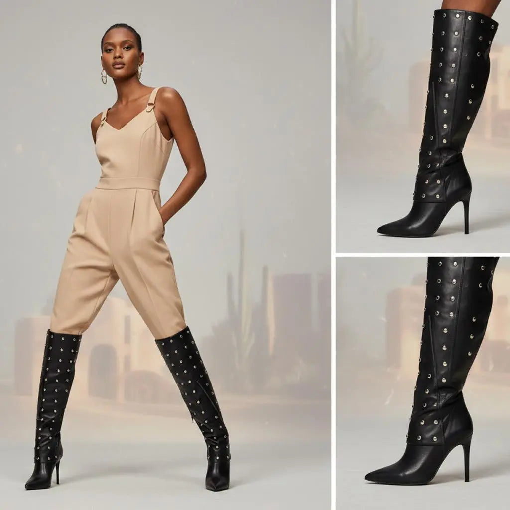 Tuhoomall Knee High Party Boots for Women, Two Piece Design with Studs and Zipper, Stylish High Heel 11.5cm, Perfect for Performances and Special Occasions Tuhoomall