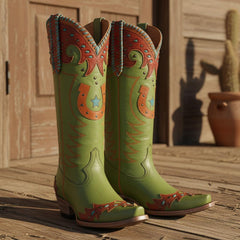 Tuhoomall Western Knee-High Boots for Women, Comfortable Chunky Heel, Floral Embroidery, Casual Outdoor Style