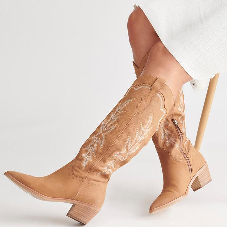 Tuhoomall Embroidered Mid Calf Boots Pointed Toe Zipper Chunky Heeled Western Boots