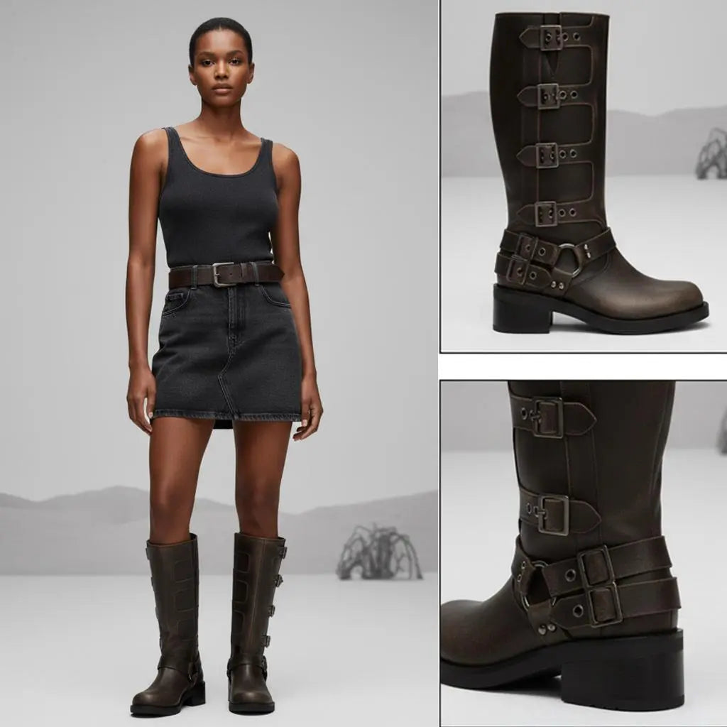 Tuhoomall Vintage Stylish Casual Boots for Women, Comfortable Mid-Calf Square-Toe with Chunky Heel, Adjustable Buckle, All-Season Wear Tuhoomall