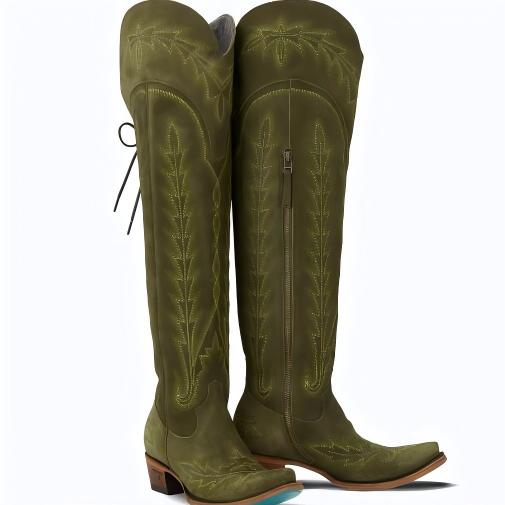 Tuhoomall Western Style Knee High Boots for Women with Floral Embroidery, Adjustable Buckle, and Rubber Sole for Casual Spring, Fall, and Winter Wear